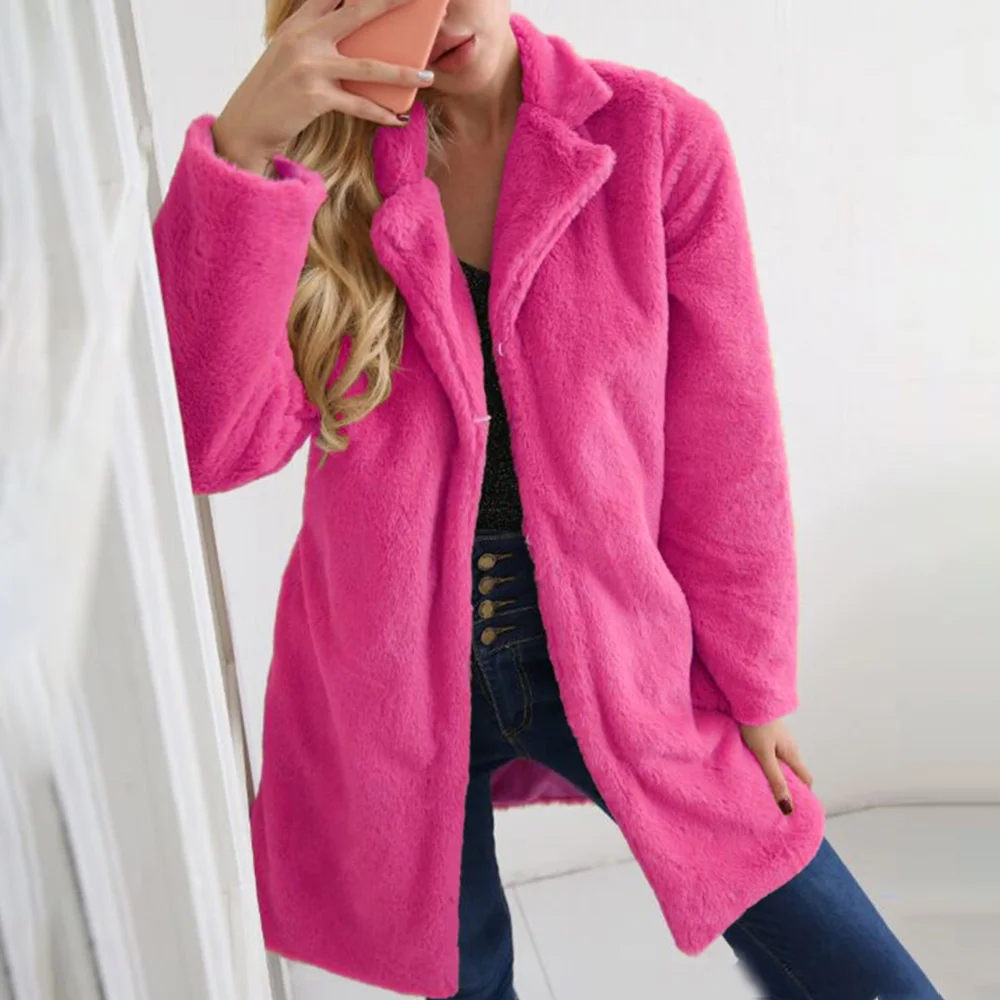 Женское пальто из искусственного меха, зимнее, утолщенное, ФЛУОРЕСЦЕНТНОЕ, розовое, длинное пальто, модное, женское, плюшевое пальто, зимняя верхняя одежда fourrure femme D25 - Цвет: Rose Red