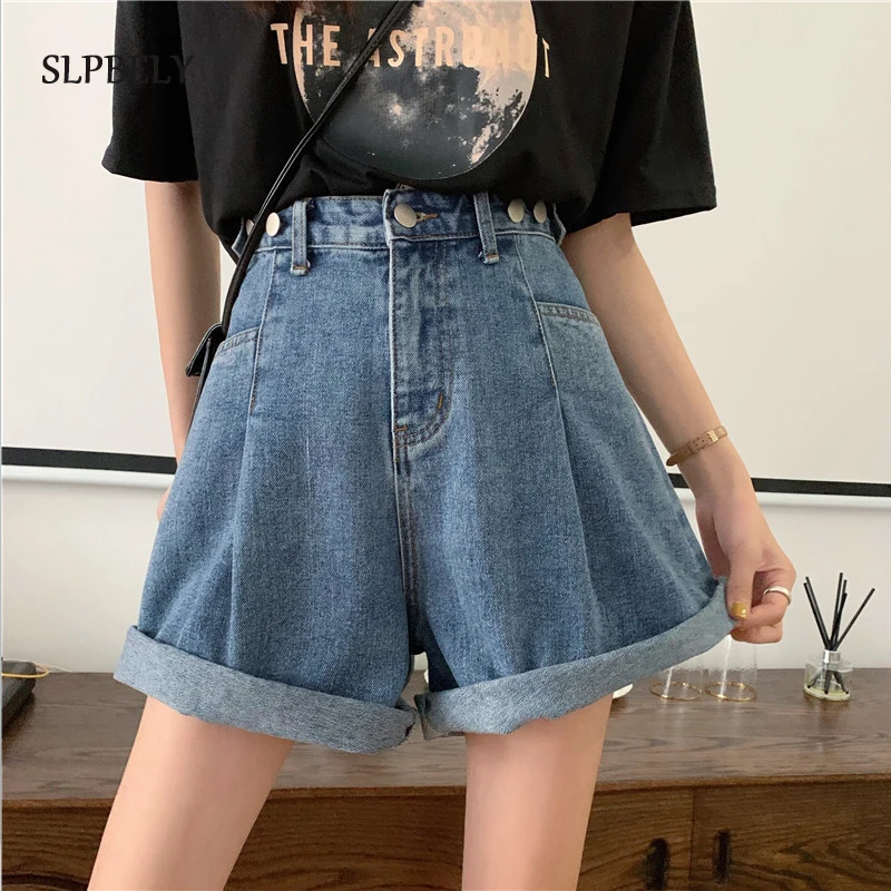 

SLPBELY Summer High Waist Button Women Wigh Leg Jeans Shorts Casual Vintage Female Loose Fit Blue Black Denim Shorts Jeans 2021