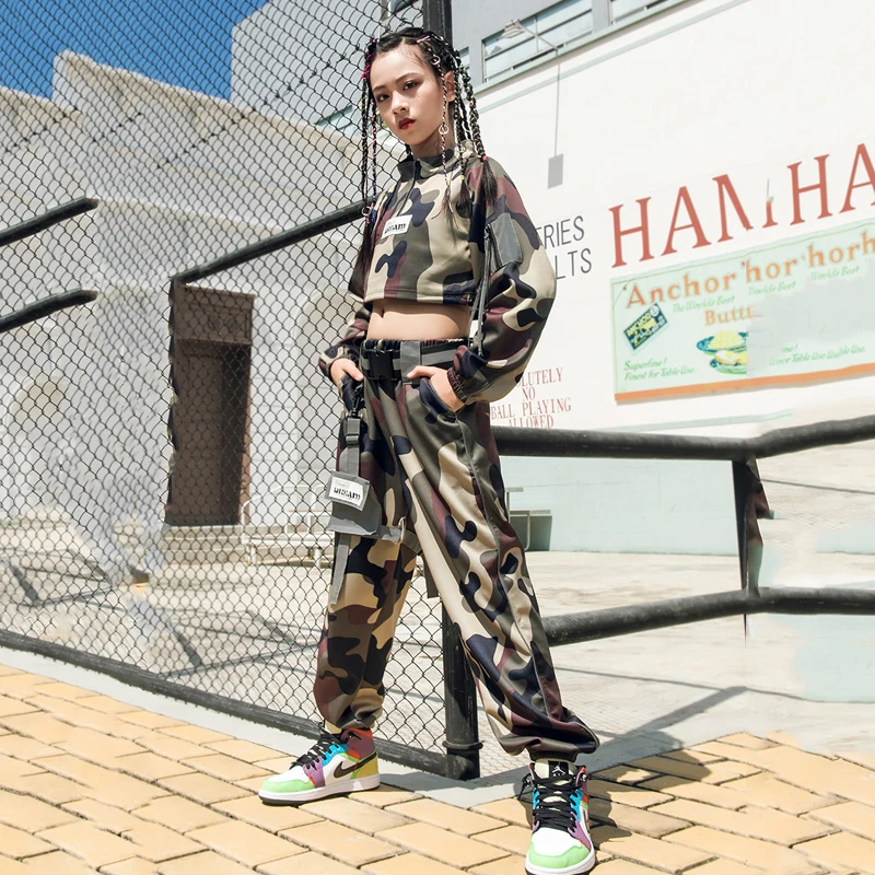 Kids Hip Hop Dance Costume Girls Camouflage Tops Pants Autumn Long Sleeves Set Modern Hiphop Outfits Stage Show Rave Wear BL4970