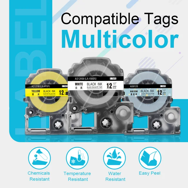 10 Pack 12mm Black On White Label Tape - Compatible With Epson LW, King Jim, K-Sun Label Makers 4 thumbnail image