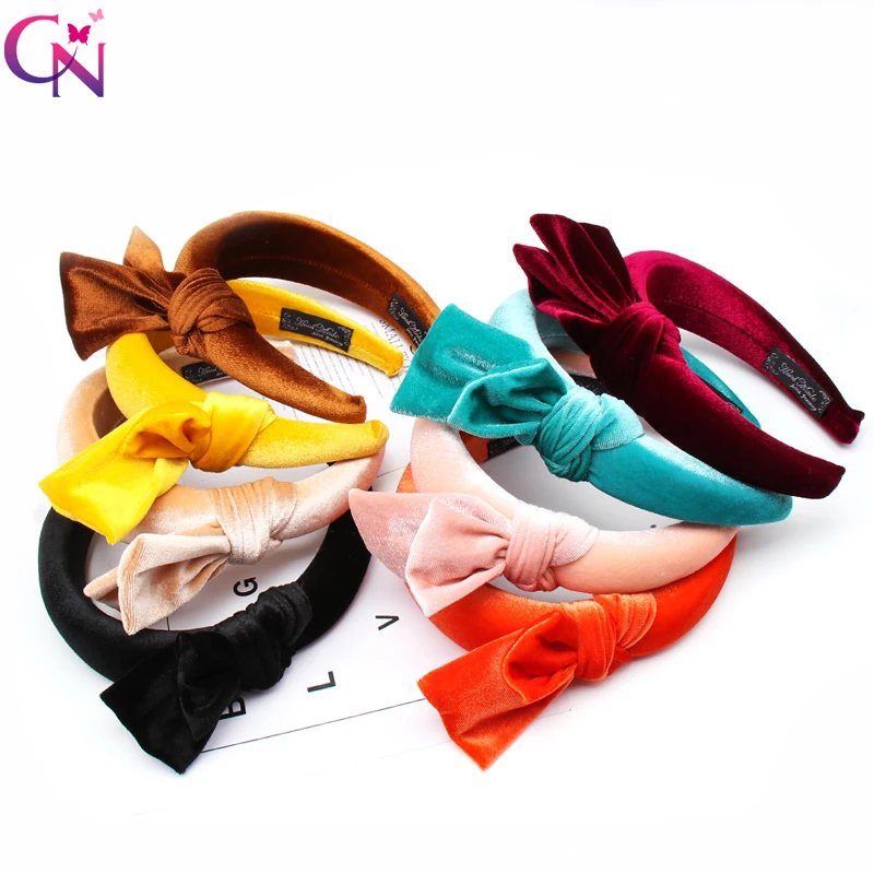 

CN Girls Korean Velvet Knot Hairbands Solid Sponge Padded Bow Headbands For Girls Womens Daily Wide Headband Hair Accessories