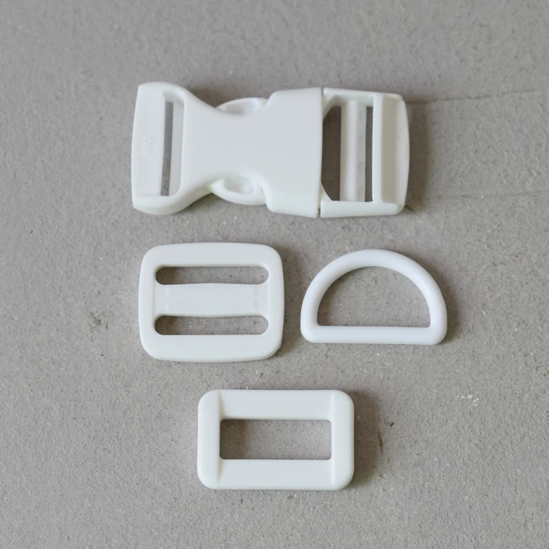 10 sets plastic release buckles D rings 3/4"(20mm) clip clasp belt straps tri-glides sliders DIY dog collar bags accessories - Color: White