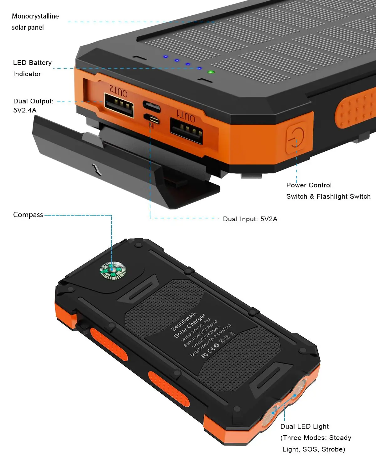 Солнечное зарядное устройство 24000mAh водонепроницаемое портативное солнечное зарядное устройство с компасом двойной фонарик и двойной USB для iPhone iPad samsung