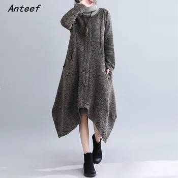 

long sleeve plus size cotton vintage for women casual loose autumn winter dress elegant zipper clothes 2020 ladies dresses