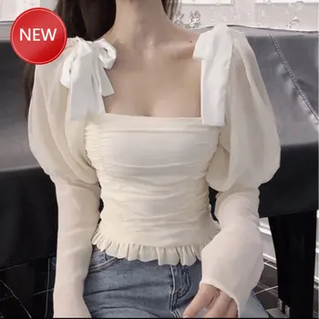 

Long Sleeve Sexy Womens Tops and Blouses Square Collar Shirt Tops White Womens Tops Fold Pattern Backless New Arrival