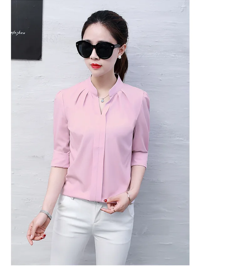 New Spring Autumn Tops Women Slim Pink Shirts Casual Long Sleeve V-Neck Solid Blouse Fashion Womens Chiffon Work Blouses