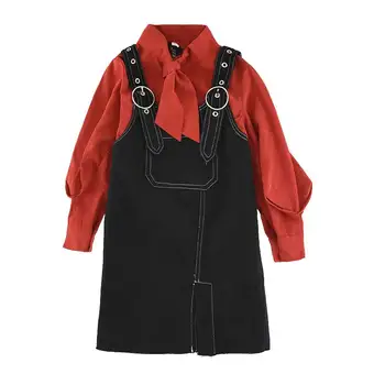 

2020 New Girls Autumn Fashion Clothing Sets 2PCS Long Sleeve Tie T-Shirts and Solid Jeans Suspender Skirts Girls Outfits