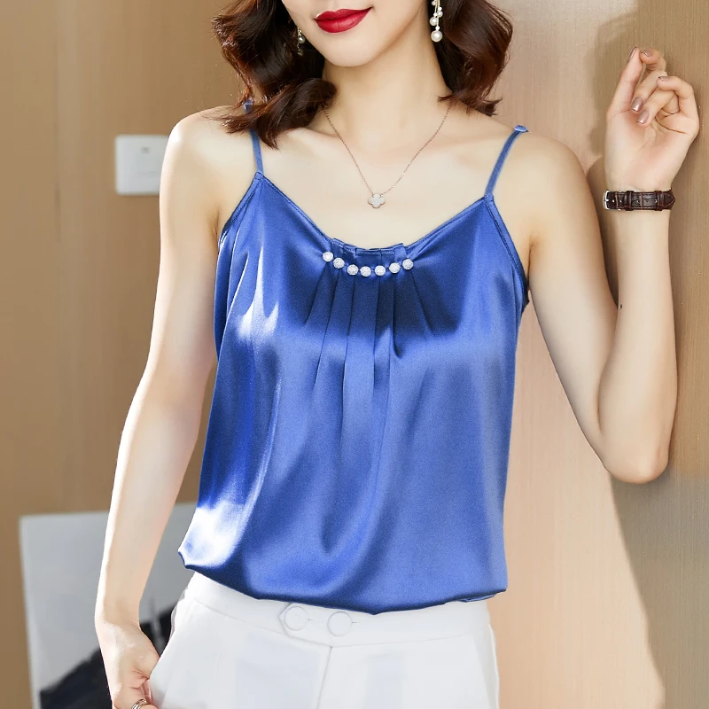 Korean Silk Women Tops Satin Blouses for Women Beading Silk Blouse Top Woman Sleeveless Shirts Tops Plus Size Woman Satin Shirts