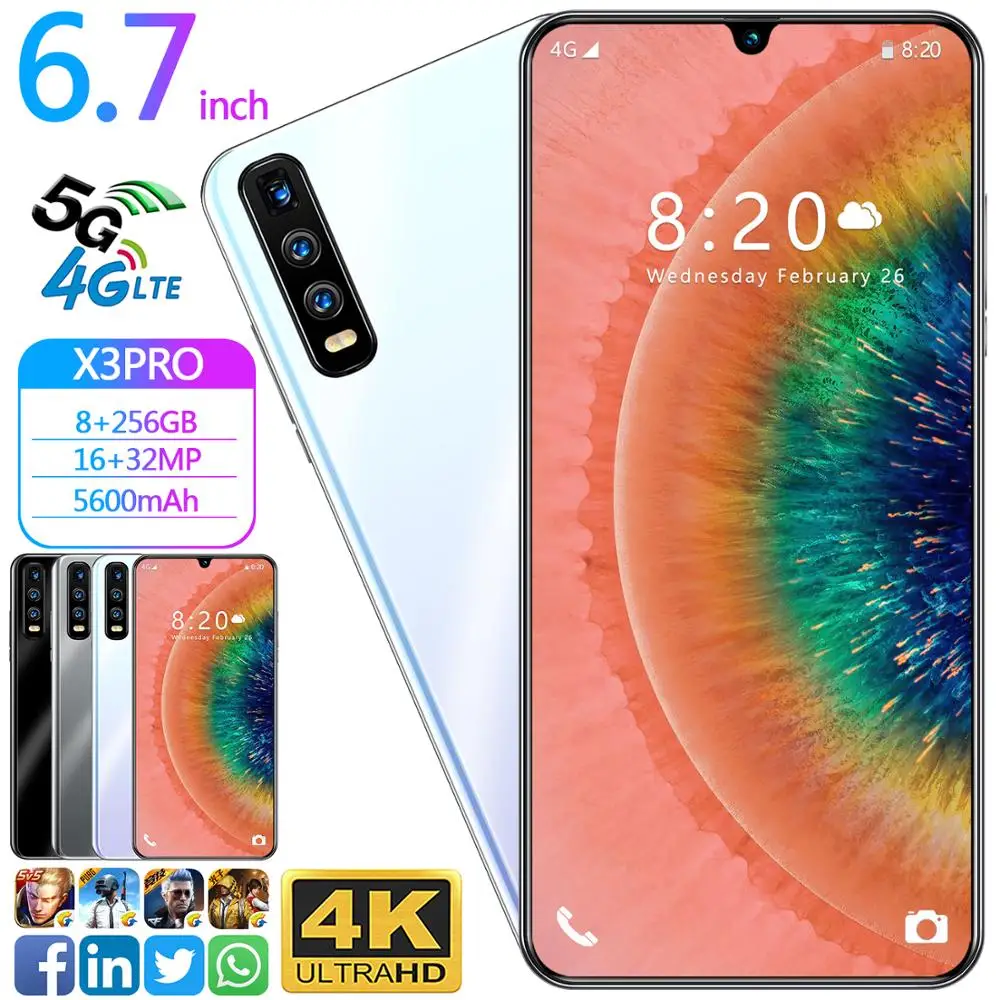 2020 New X3 Pro 5G Android 10.0 Mobile Phone 6.7 Inches Water Drop Screen 8GB 256GB Smart Phone 16MP 32MP 5600mAh Cellphone