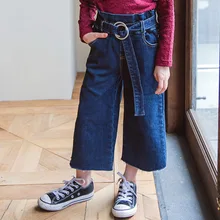 Г. Джинсы для девочек осенняя одежда стиль детской одежды, эластичные капри из чистого хлопка повседневные брюки с высокой талией для больших мальчиков F