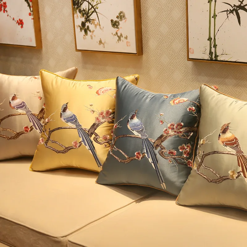 

Soft Chinese Style Cushion Cover Magpie Embroidered Classical High-grade Waist Pillowcases Yellow Blue Home Sofa Decoration