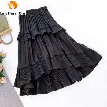 

Women Fashion 2020 Autumn Pleated Skirt Good Quality High Waist Women Flounding Irregular Hem Midi Skirts Saia Faldas Jupe Femme