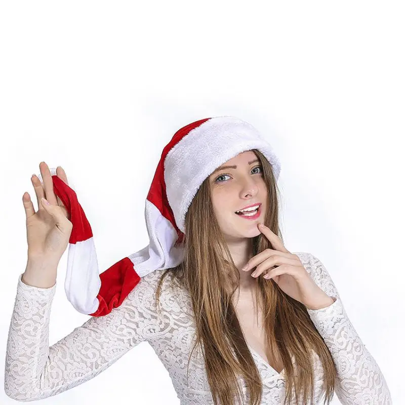 Рождественская шапка в полоску, плюшевая, унисекс, красная и белая, в полоску, модная, Рождественское украшение, удобная длинная плюшевая шапка