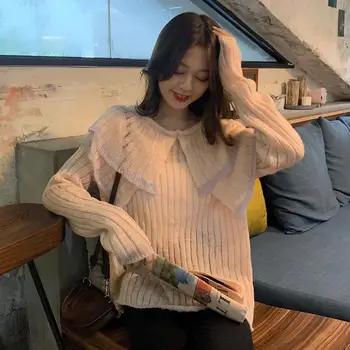 

2020 Autumn & Winter New Arrival Korean Style Sweater Ruffled Collar Loose Long-sleeved Knit Sweater Female Free Shipping