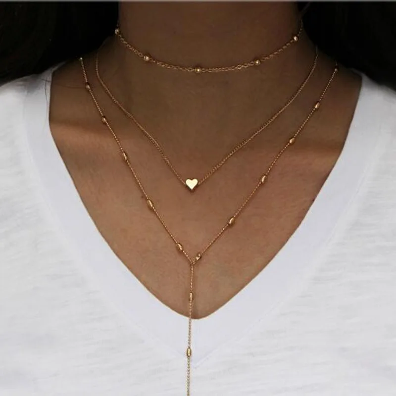 2019 Gold Color Bead Chain Multilayer Heart Pendant Necklace Classic Women Choker Long Tassel Chocker collier femme | Украшения и