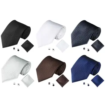 

Solid Color Stripe Jacquard Business Men Necktie Handkerchief Cuff Set Elegant Clothing Accessory