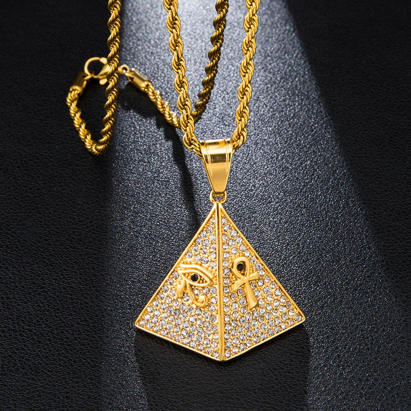

Hip Hop Gold Color Stainless Triangle Egypt Pyramid Geometric Bling Iced Out Necklaces & Pendants For Men Jewelry Gift