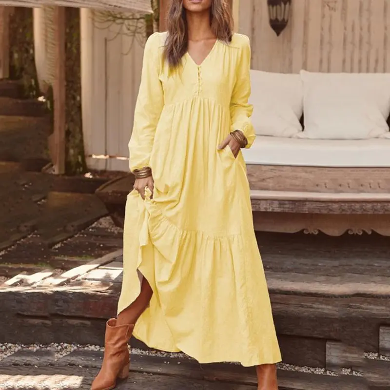 Boho Макси платье, женское платье, осень, женское богемное платье, длина до лодыжки, v-образный вырез, пуловер, простые платья, женские платья