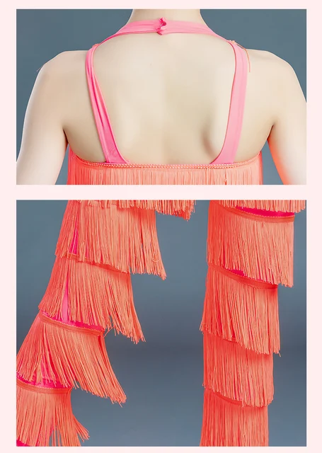 Vestito Paillettes Bambina Per Ballo Latino - Oro, Con Piume E Frange, Senza Maniche, 100% Poliestere - Foto 11