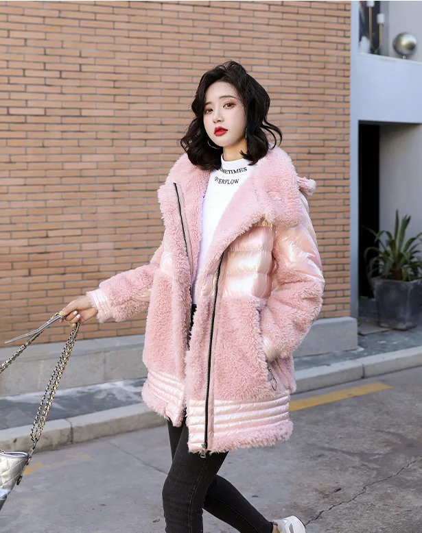 Зимняя женская куртка из овечьей кожи,, блестящая стеганая парка, Женская куртка с капюшоном и длинными рукавами, Женское зимнее ветрозащитное пальто - Цвет: Pink