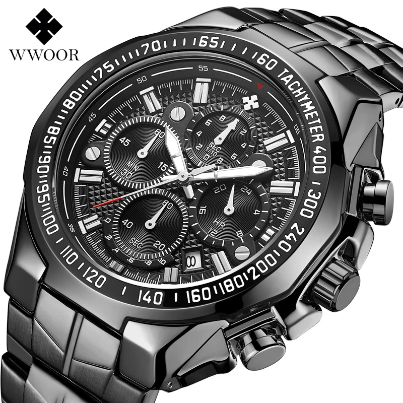 WWOOR Top Brand Luxury Sport Watch For Men Quartz Chronograph Date Luminous Black Full Steel Wrist Watch Male Clock Reloj Hombre jt1301a 38x38cm wrought iron wall clock creative round silent metal clock with rhinestone flower decorated for living room bedroom black