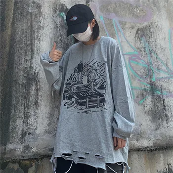 

Focal20 Streetwear Flame Hole Women Sweatshirt Tops Loose Casual Female Sweatshirts Top Spring Autumn Oversize Lady Pullovers