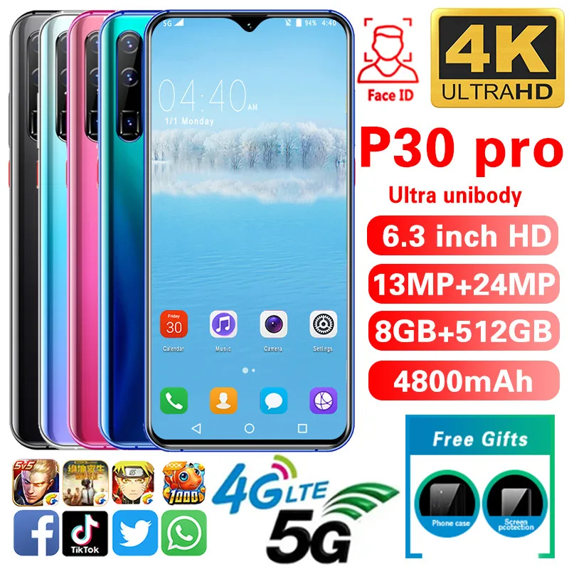 Smartphone P30pro phones MTK6592 6.3inch HD Mobile phone 1440*3040 Unlocked smartphone 8GB+512GB Camera 13MP+24MP
