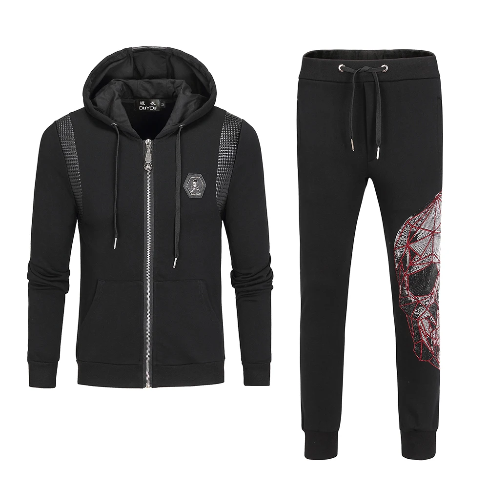 DUYOU Брендовые мужские спортивные штаны с металлическим черепом из искусственной кожи, толстовка на молнии, полный спортивный костюм, сетчатые толстовки с черепом, флисовые комплекты для бегунов