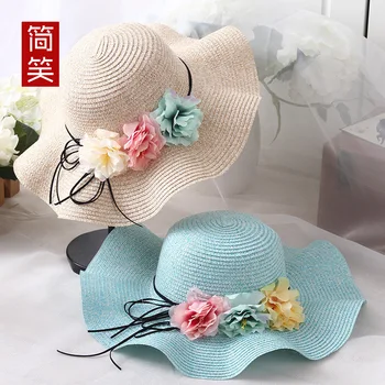 

2020 New Style Parent And Child Lady Hat Flower Wavy Edge Large Brimmed Hat Children Outdoor Sun-resistant Straw Hat Foldable