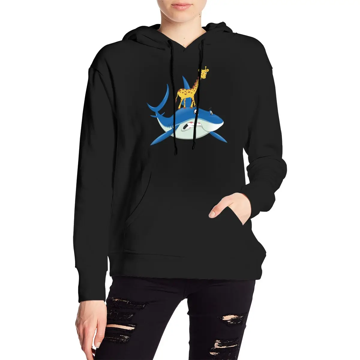 Never Stop You Dreams Giraffe Riding On The Shark screw thread cuff Hoodies Sweatshirt Hip Hop hoodie pullover Hoody | Женская одежда