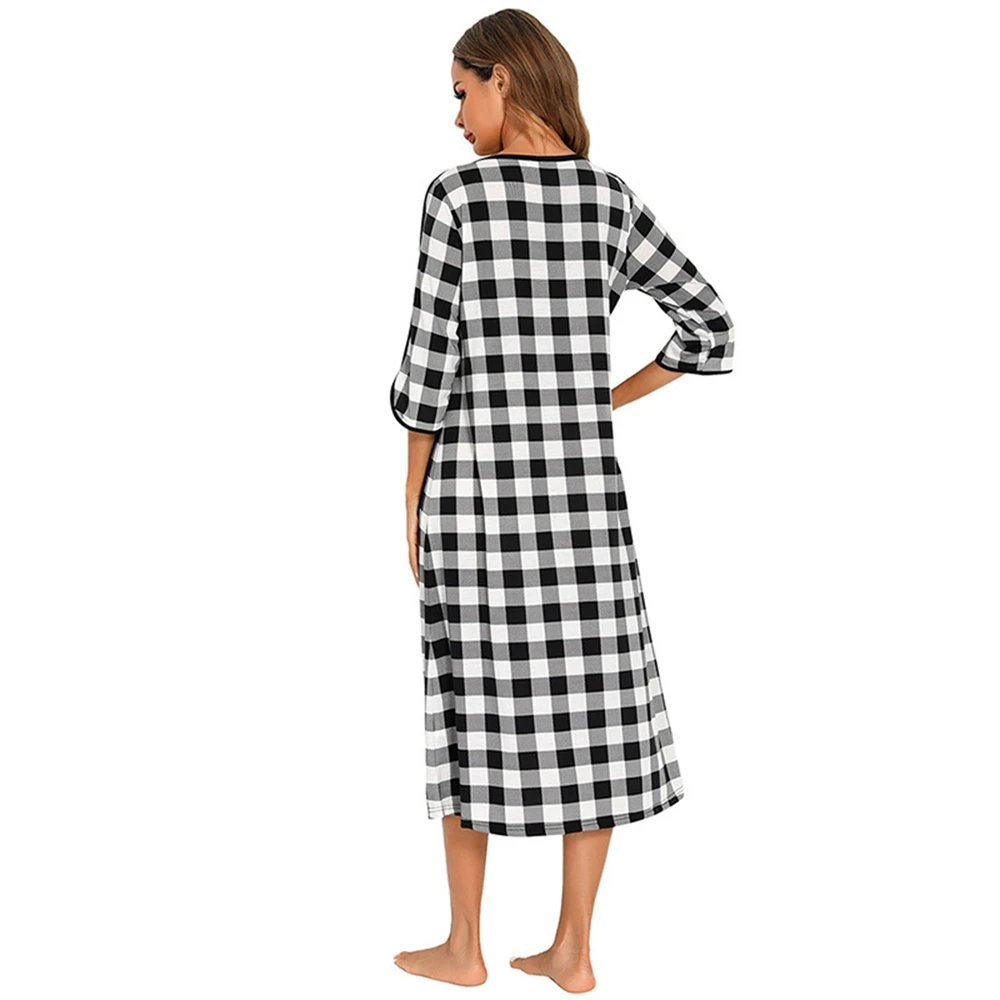 Women Autumn Plaid Zipper Front Robes Long Sleepwear Soft Nightgown Warm Loungewear Maternity Bathrobe Pajamas