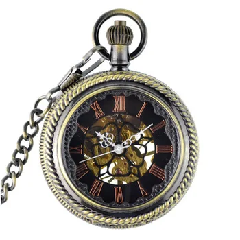 

Vintage Bronze Hand-winding Mechanical Pocket Watch Men Pocket Watches Chain Pendant Clock Gift