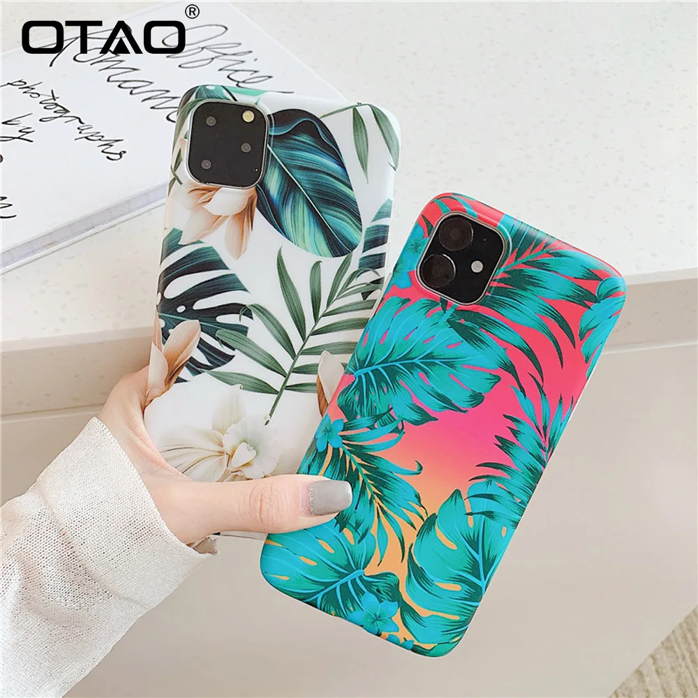 Чехол OTAO с зелеными листьями растений для iPhone X XR XS 11 Pro Max 2019 IMD Цветочный Мягкий