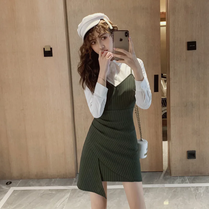 

Set 2019 Autumn New Products Debutante WOMEN'S Long-sleeve Blouse + Elegant Slim Fit Strapped Dress Two-Piece Set