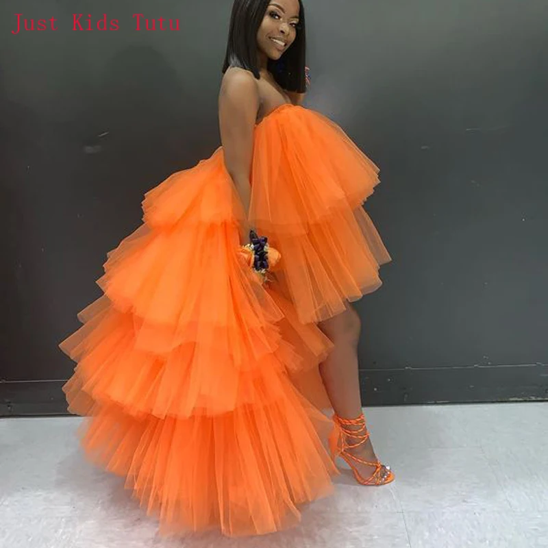 Pretty Mom & Me Orange Color Tulle High Low Tulle Skirts Women Elastic Long Summer Tulle Skirt To Party Saias