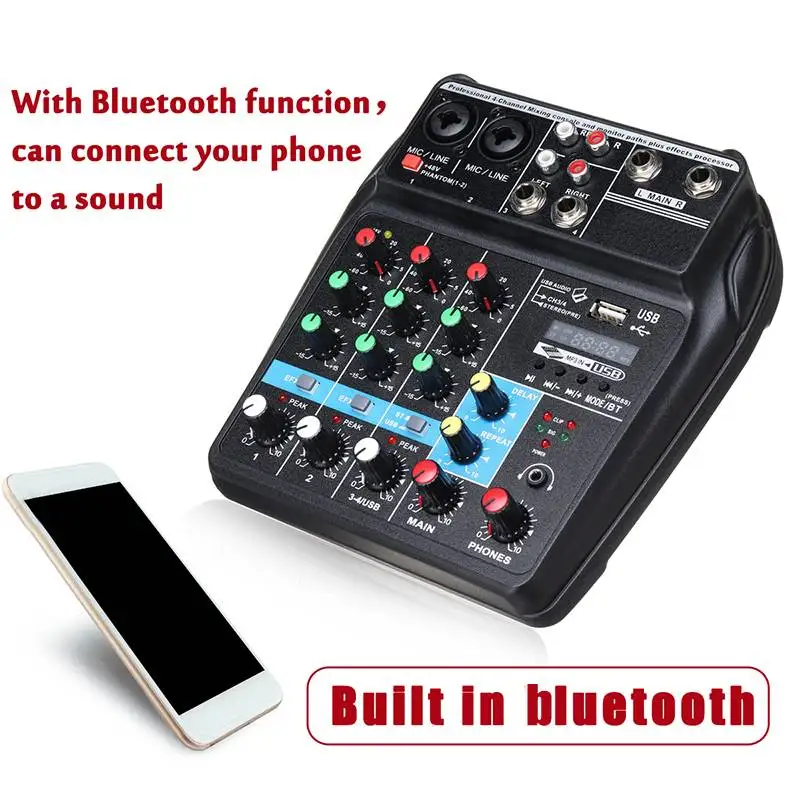Профессиональный A4 Мини bluetooth Usb 4 каналов студийная фото звукомикшер цифровой DJ звук 48В микшерный пульт Phantom полномочия монитор