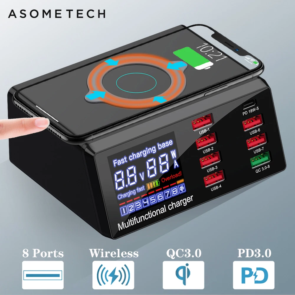 100W 8 Ports USB Charger Quick Charge 3.0 Adapter HUB Wireless Charger Charging Station PD Fast Charger For iPhone 11 Samsung