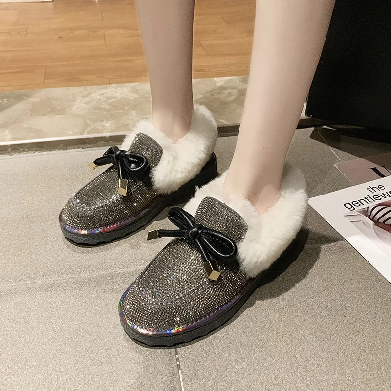 Повседневная женская обувь с круглым носком обувь в Корейском стиле с бантом женские мокасины, лоферы с мехом, без шнуровки, с бабочкой, г. Зимние водонепроницаемые Мокасины без шнуровки