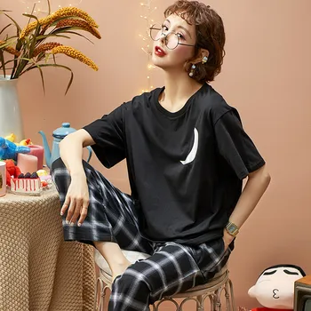 

2020 Ms. Pajamas Set and Pants Long Sleeves Round Neck Pajamas Cute Cartoon Pullover Top + Plaid Pajamas Home Wear