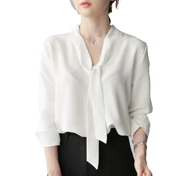 

Korean Style White Long-sleeved V-neck Streamers Bow Blouse Fashion Simple Loose Casual Women Chiffon Shirt