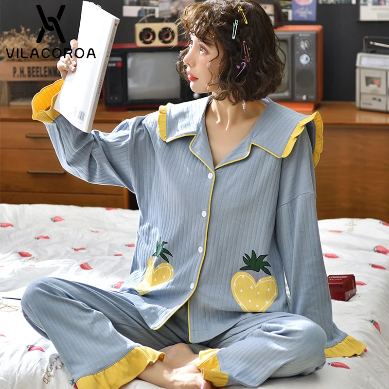 Повседневный Кардиган с фруктовым карманом на пуговицах, женская пижама с отворотом, брюки с длинным рукавом, удобная Пижама для женщин, повседневный милый домашний костюм