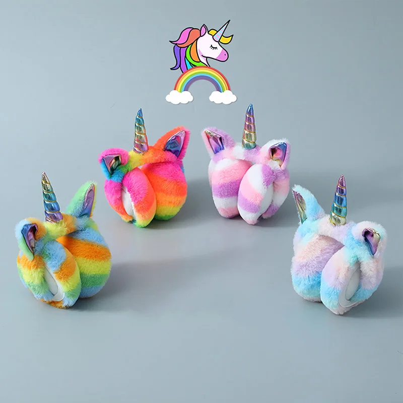 Tie Dye Unicorn Soft Earmuffs Winter Fur Headphones Warmer Children Colorful Plush Earflap Lovely Headwear Kids Ears Cover