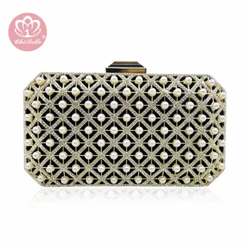 

women clutch bag evening diamond box suqare shaped gold crystal rhinestone pearl unique elegant lady bridal top luxury party