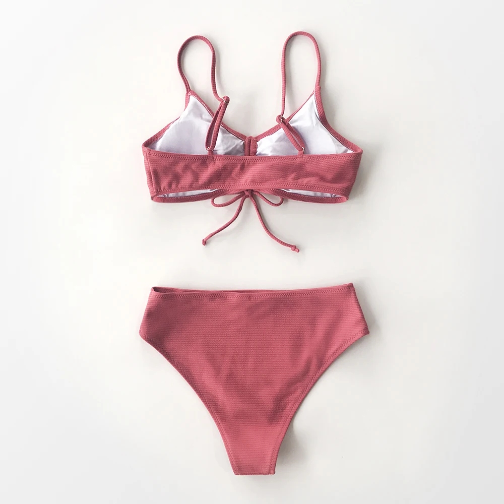 CUPSHE, Одноцветный, розовый, с текстурой, на шнуровке, бикини, наборы, сексуальный, с высоким вырезом, купальник из двух частей, для женщин,, пляжные купальники