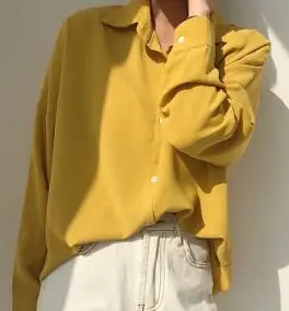 4 цвета Однотонная рубашка повседневные блузки с длинными рукавами отложной воротник женские топы и блузки(B8383 - Цвет: Цвет: желтый
