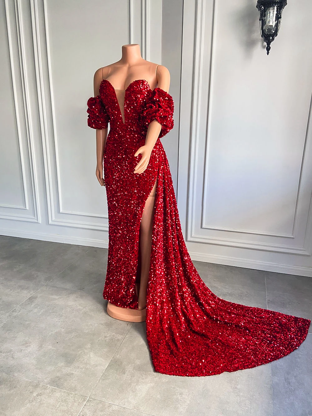 Sexy Red One Shoulder Slit Prom Dress Long With Sequins Beadings – Ballbella