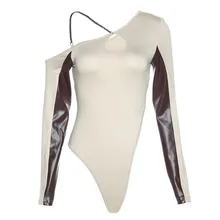 

Y2K Oblique Shoulder Chain Cutout Hollow Out Contrast Stitching Bodysuit for Women
