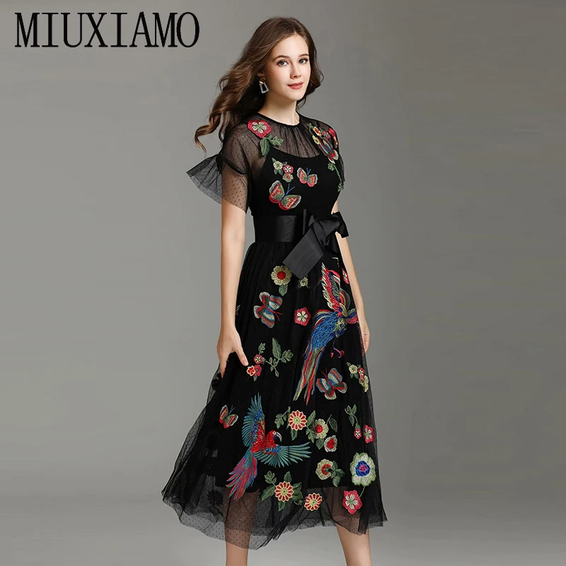 MIUXIMAO, высокое качество, осень и весна, платье с цветочной вышивкой и птицей, офисное женское Элегантное повседневное платье, женское платье с поясом