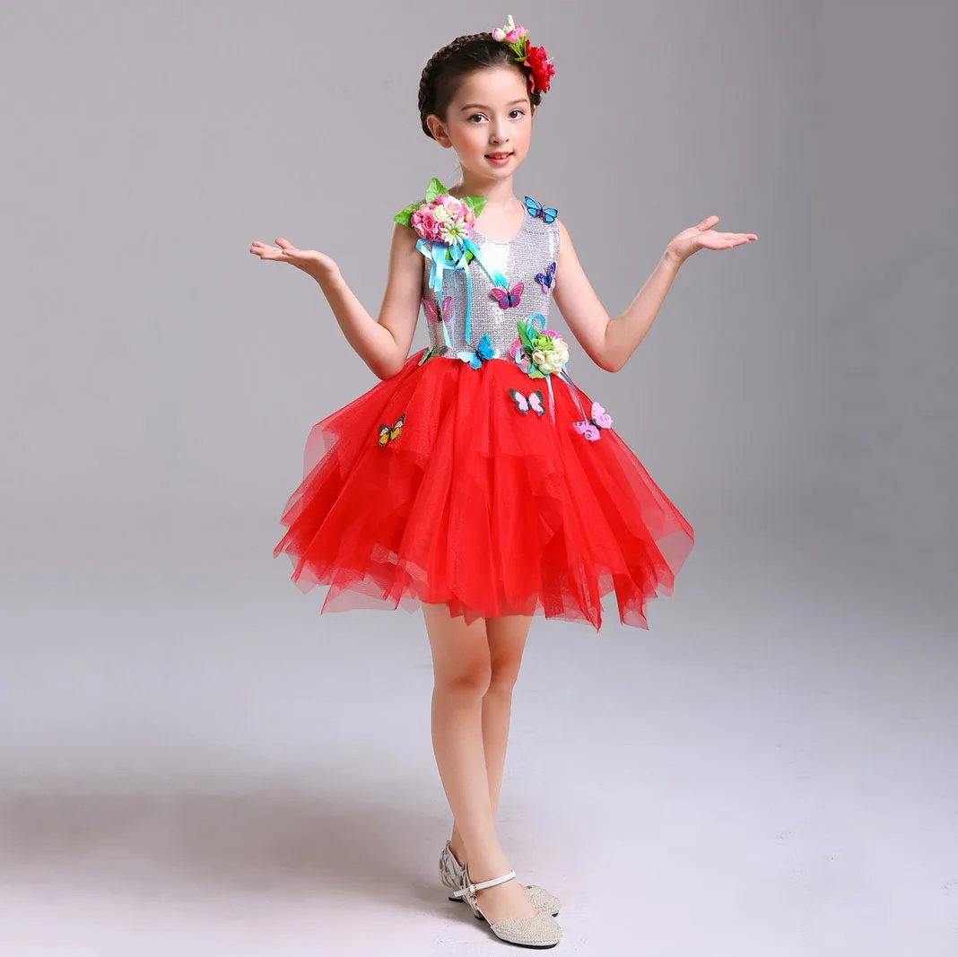 

Fashion Sleeveless Sequin Pink Green Yellow Evening Birthday Party Ball Gown Kids Wedding Red Dress for Girls Holiday