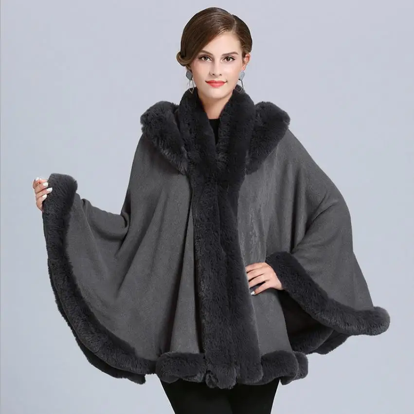 dark gray Зимняя Европейская Новая мода негабаритная свободная Имитация лисьего меха воротник вязаное пальто женский кардиган с широкими рукавами шаль плащ куртки F207 - Цвет: dark gray